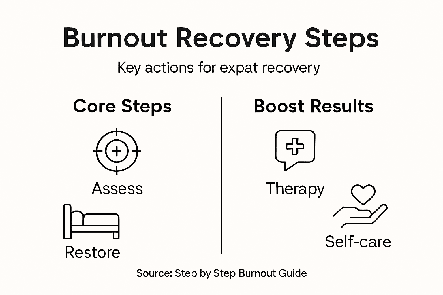 Minimalist infographic of burnout recovery steps for expats