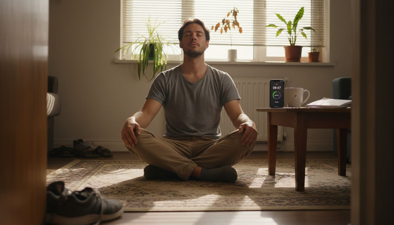 Expat practicing breathing exercise at home