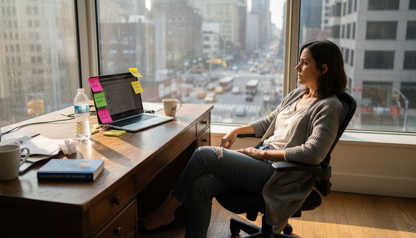 Expat woman stressed in messy office