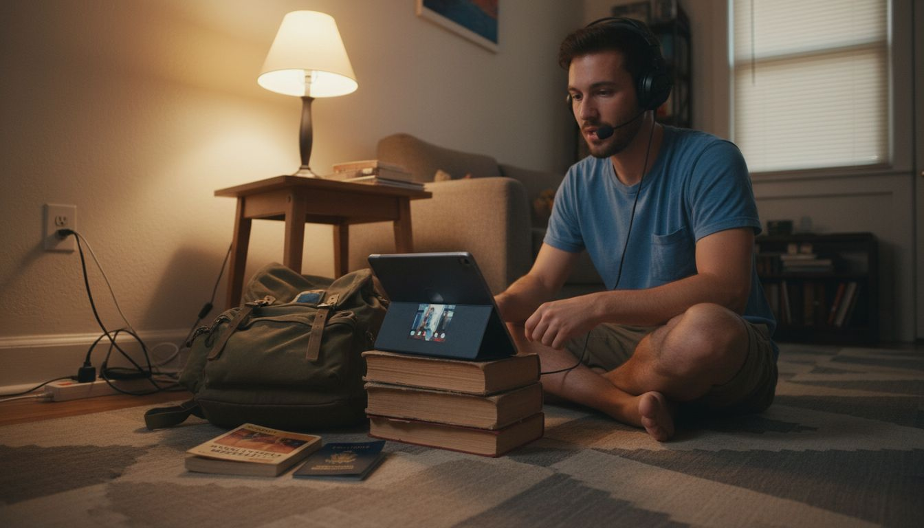 Expat using tablet for therapy at home