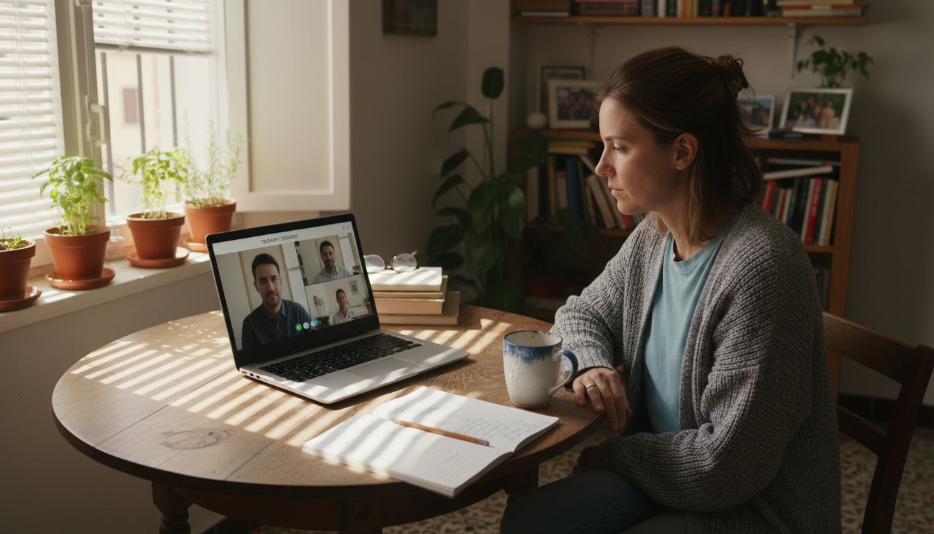 Woman in online therapy session at kitchen table