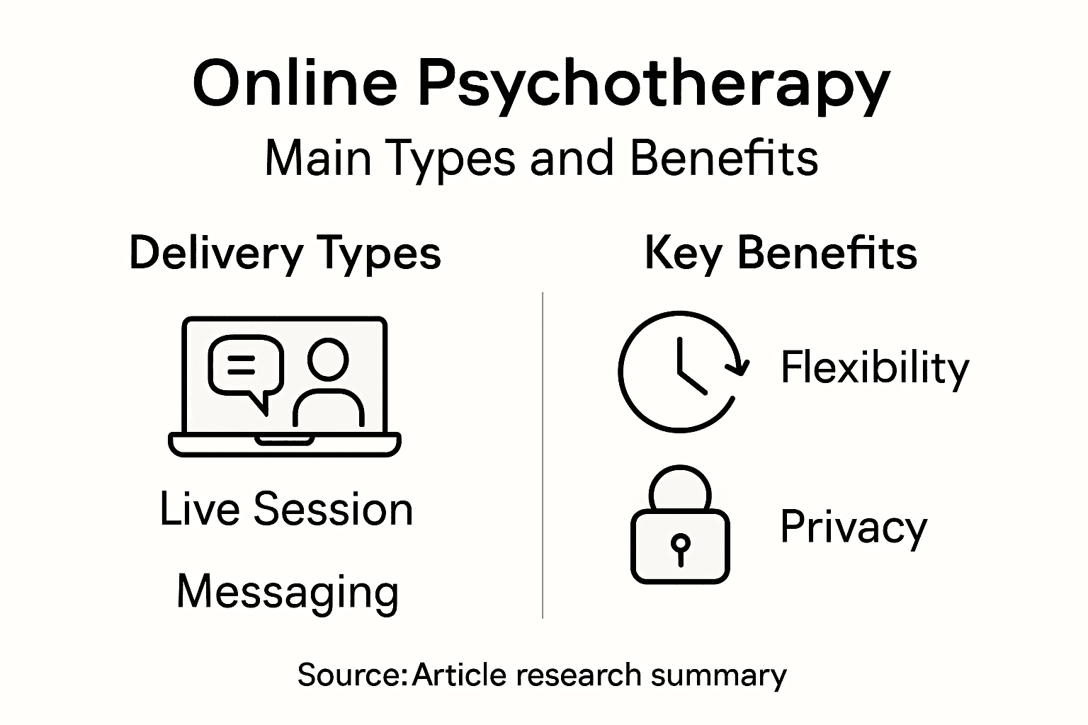 Infographic showing types and benefits of online therapy