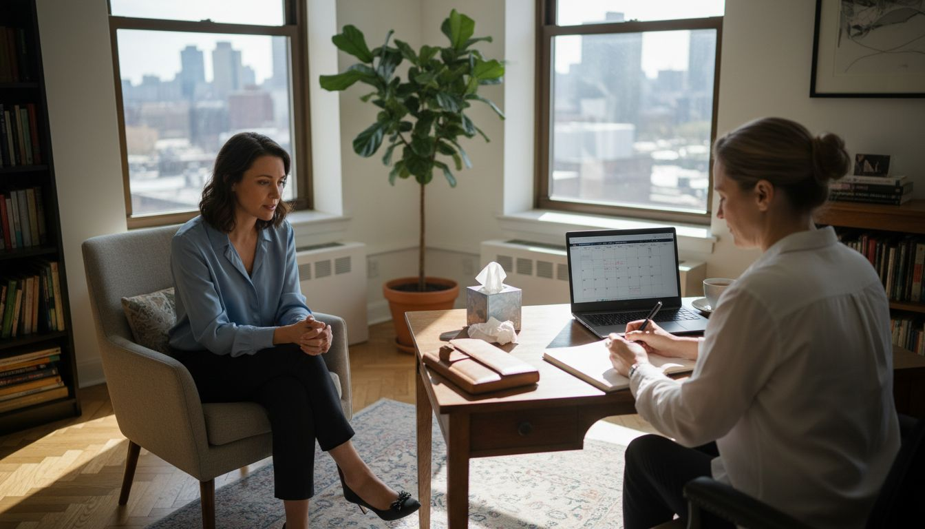 Expat discussing burnout with therapist in office