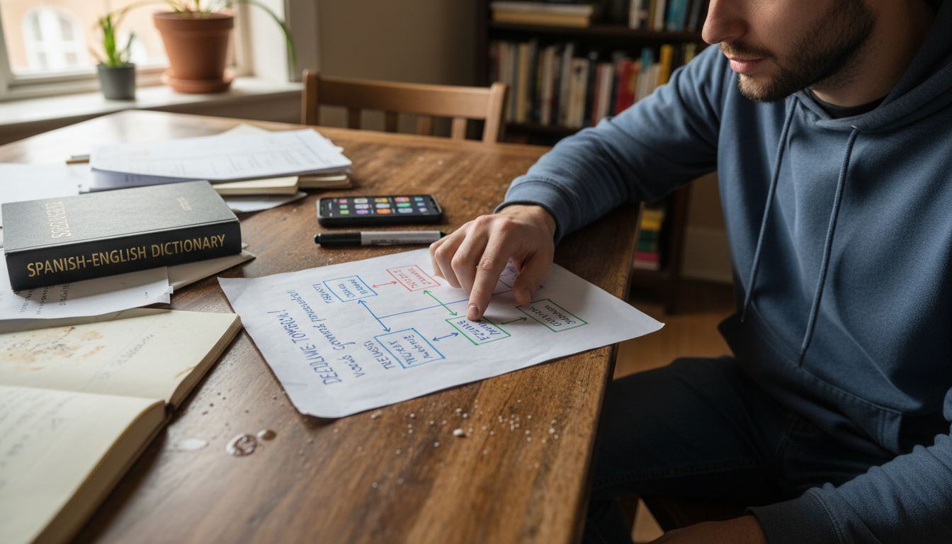 Man reviews CBT thought-feeling-behavior diagram