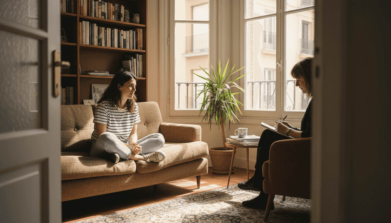 Expat in therapy session in Madrid office