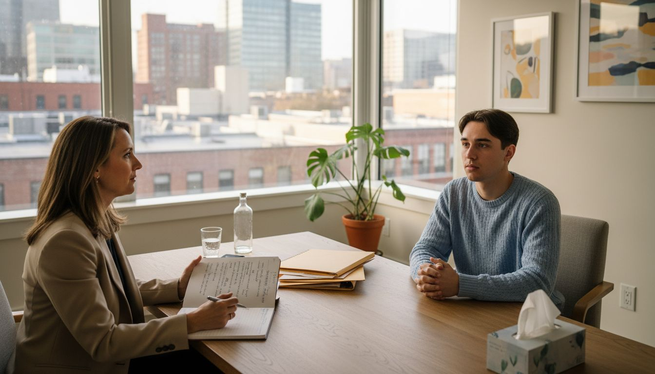 Therapist and client in sunlit office