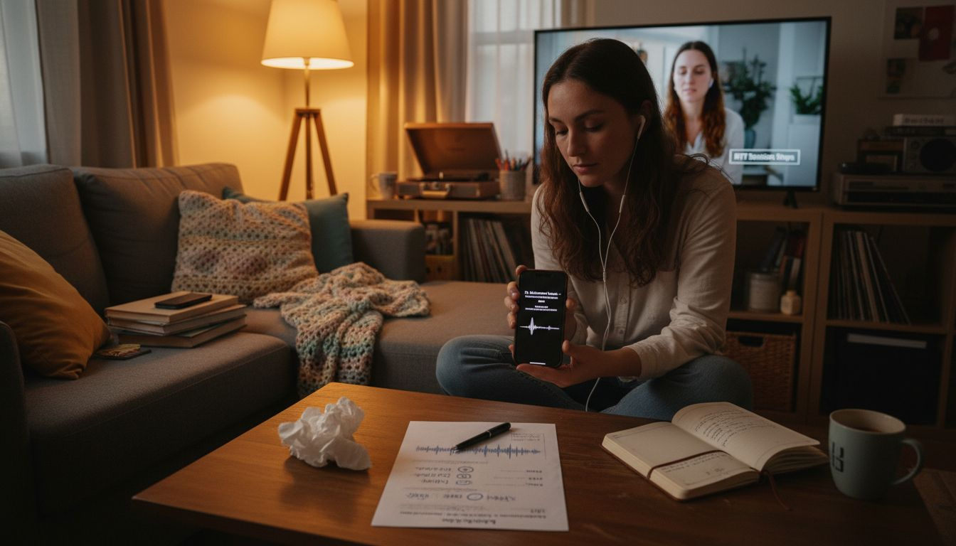 Woman listening to RTT therapy session audio