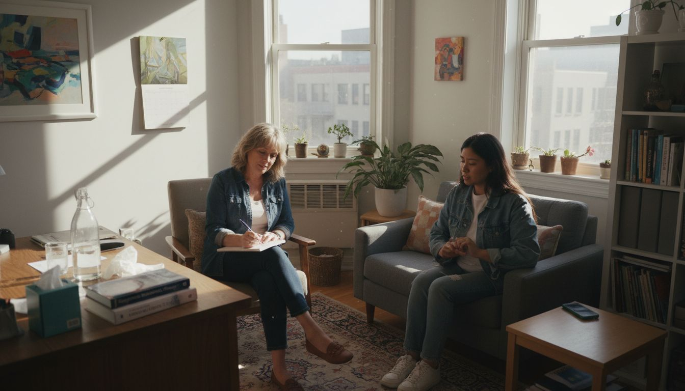 Therapist and client in counseling session office
