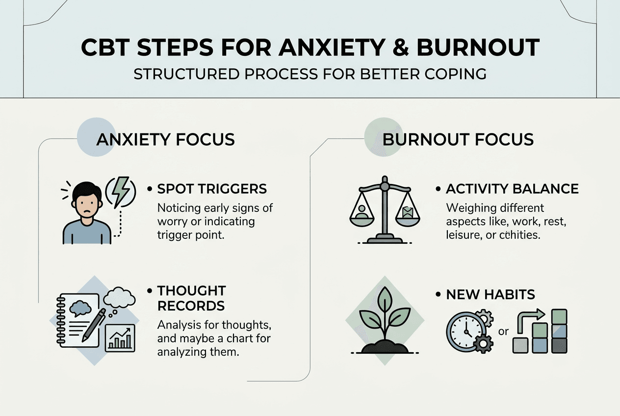 Infographic outlining CBT steps for anxiety and burnout