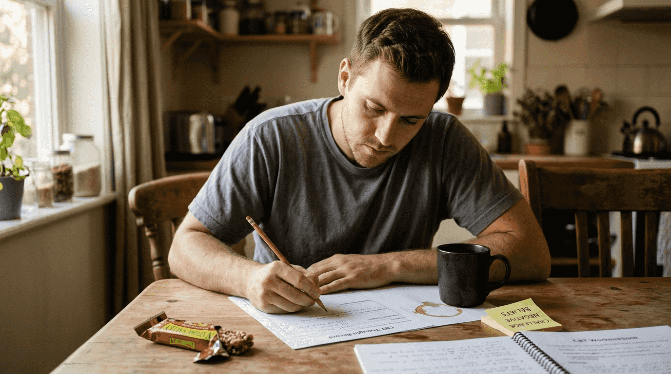 Person working on CBT worksheet at kitchen table