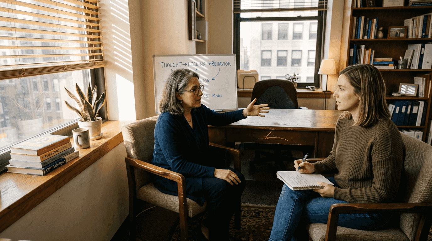 CBT therapy session in cozy office setting
