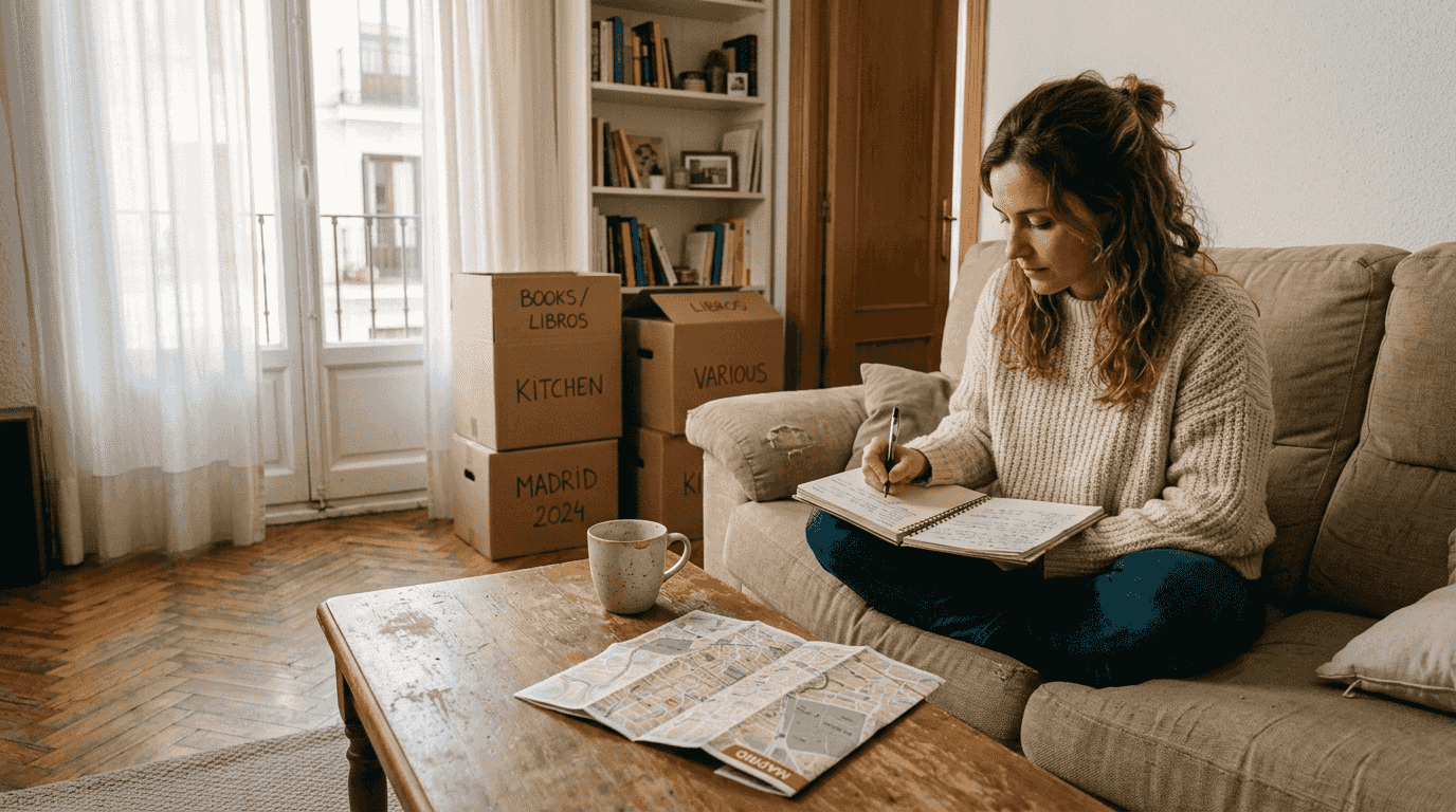 Expat journaling reflectively after therapy in living room