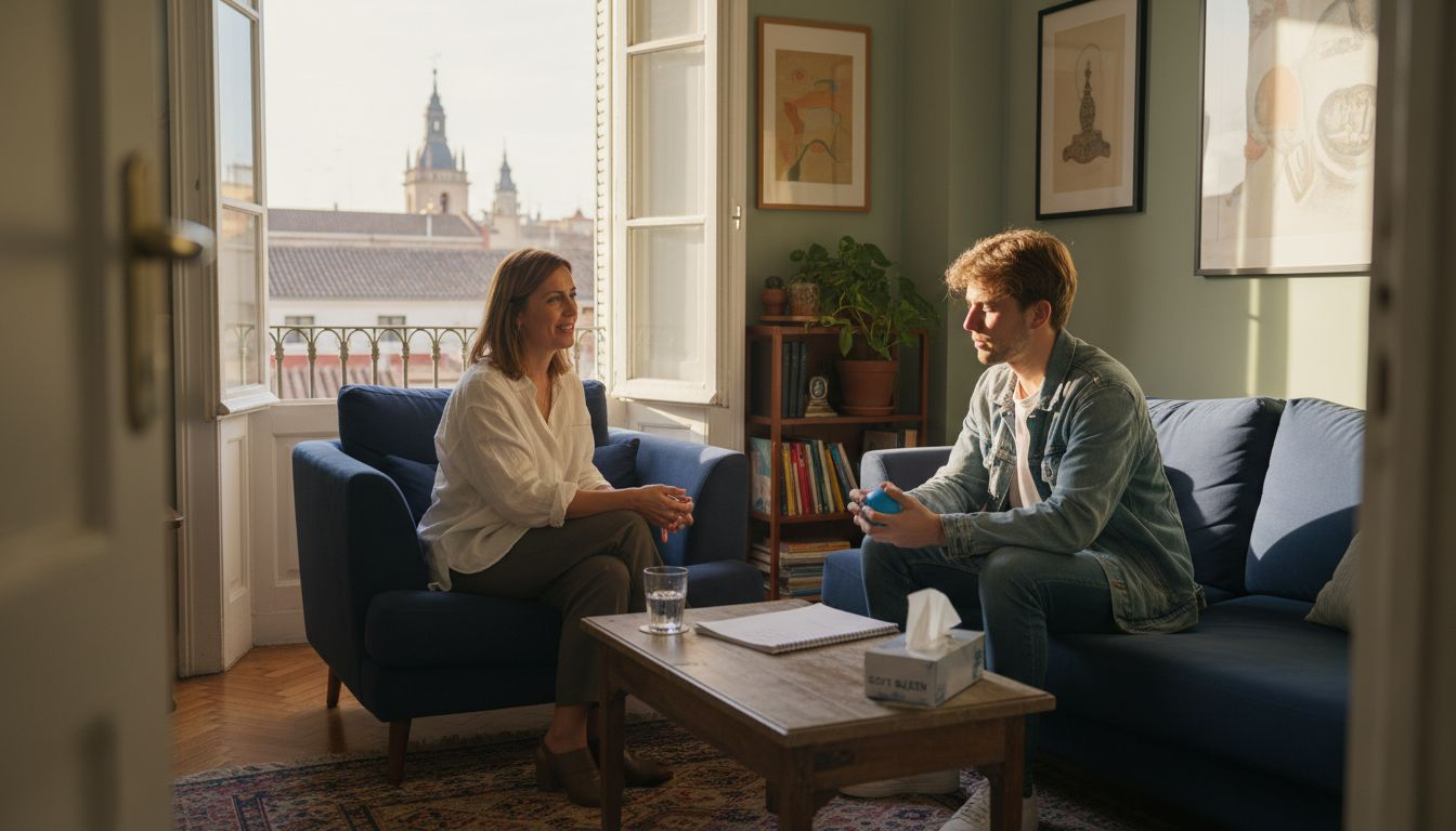 Therapist and client in Madrid apartment therapy session