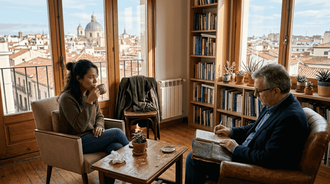 Therapy session for expat in Madrid office