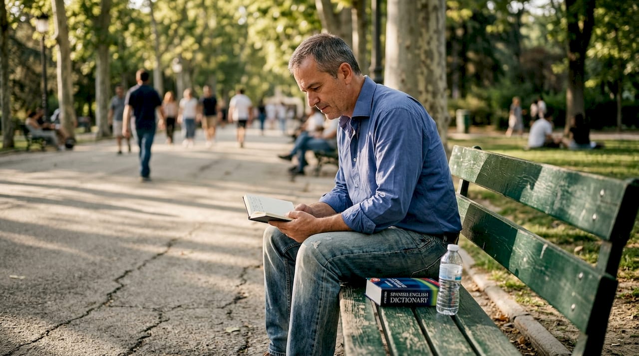 Man reflecting on burnout in Madrid park