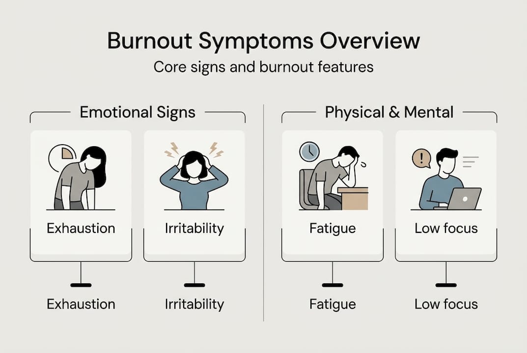 Infographic summarizing core burnout symptom types