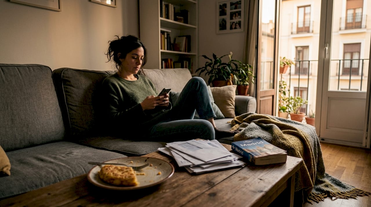 Expat woman showing burnout signs at home