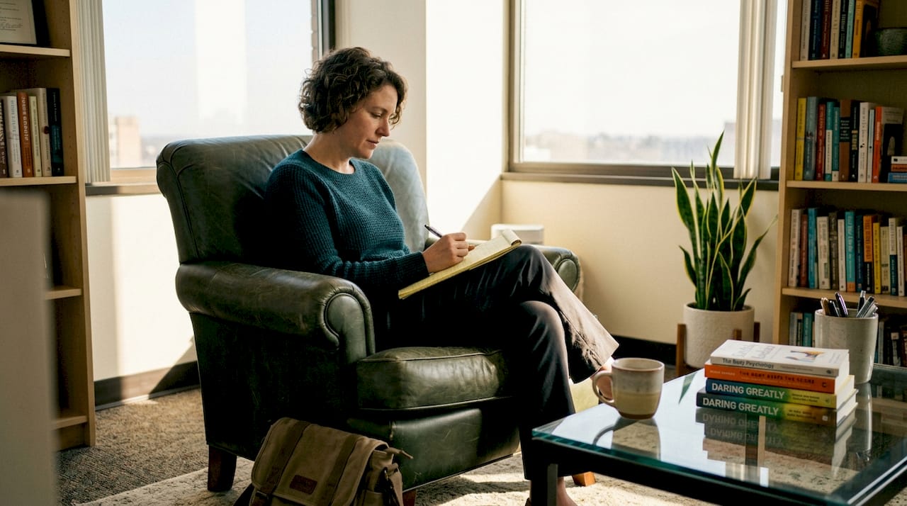Therapist making notes in sunny office