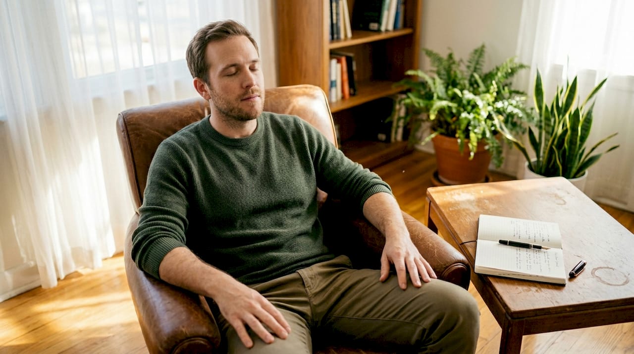 Man relaxing in therapy listening exercise