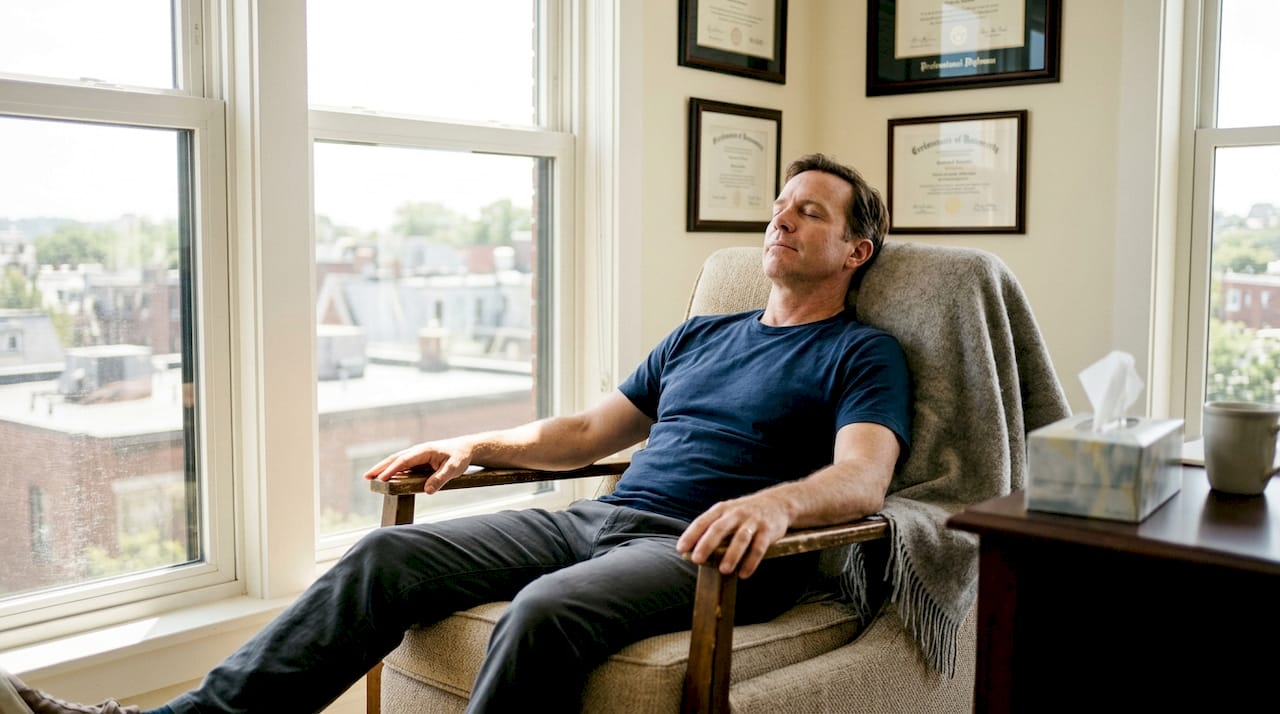 Man relaxed in hypnotherapy office session