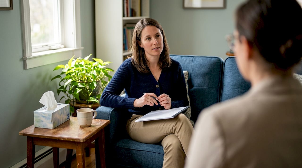 Woman in therapist office during session