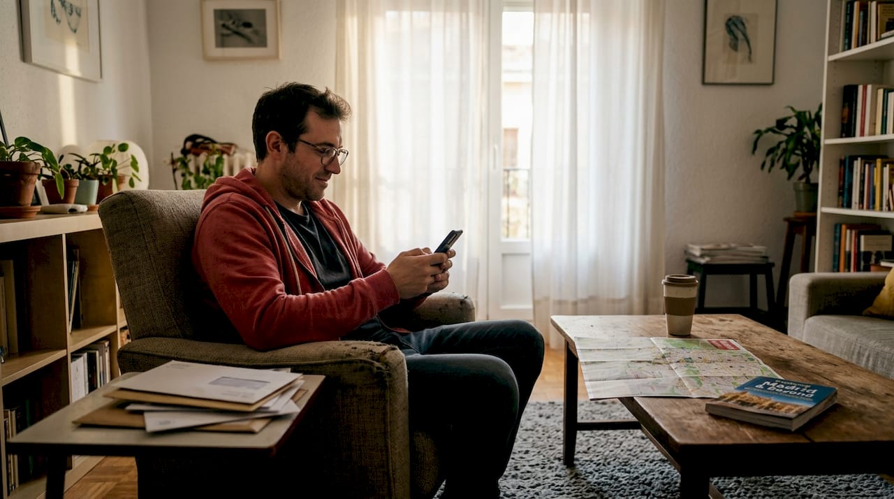 Man reading phone in Madrid apartment living room