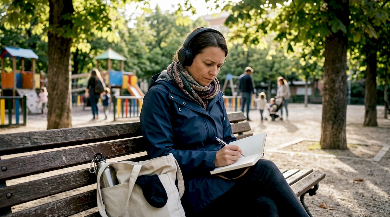 Woman journaling on park bench in Madrid