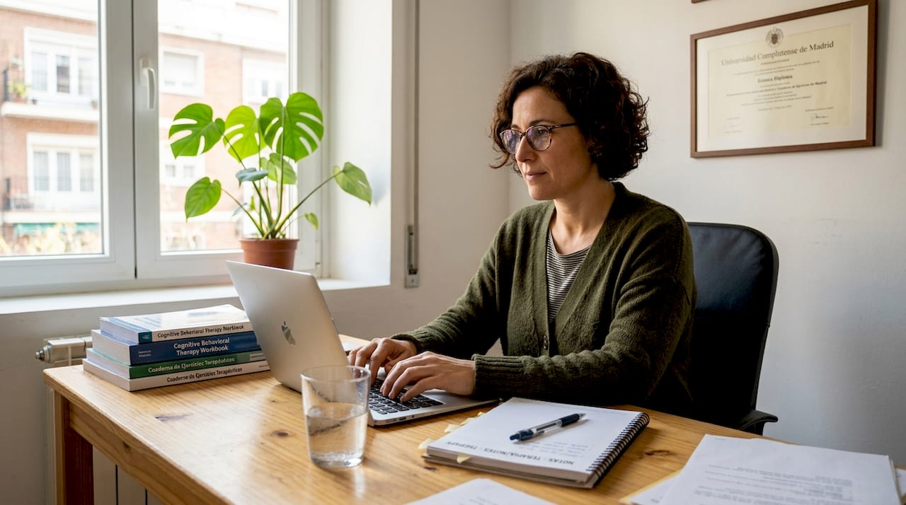 Bilingual therapist working at Madrid desk