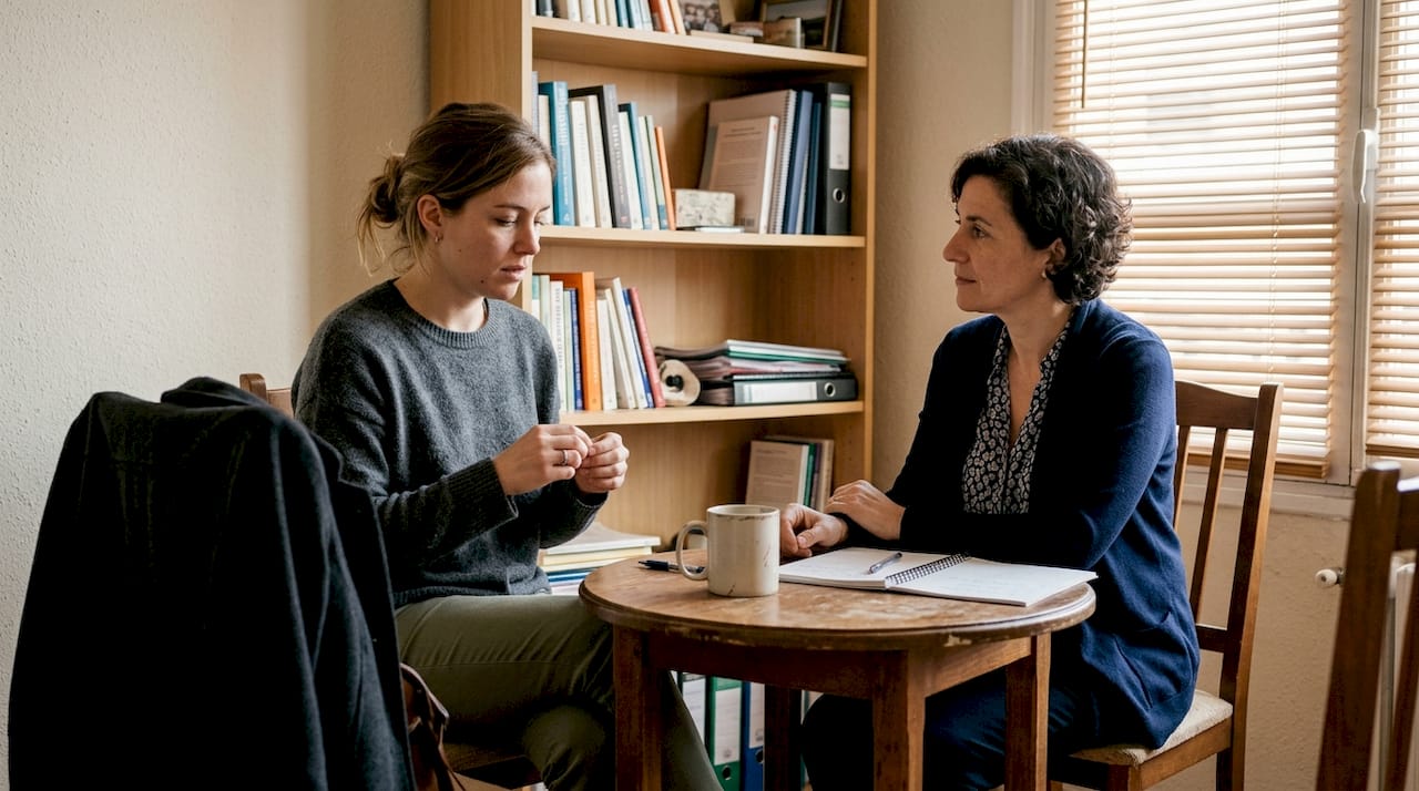 Expat woman in counseling session, Madrid office