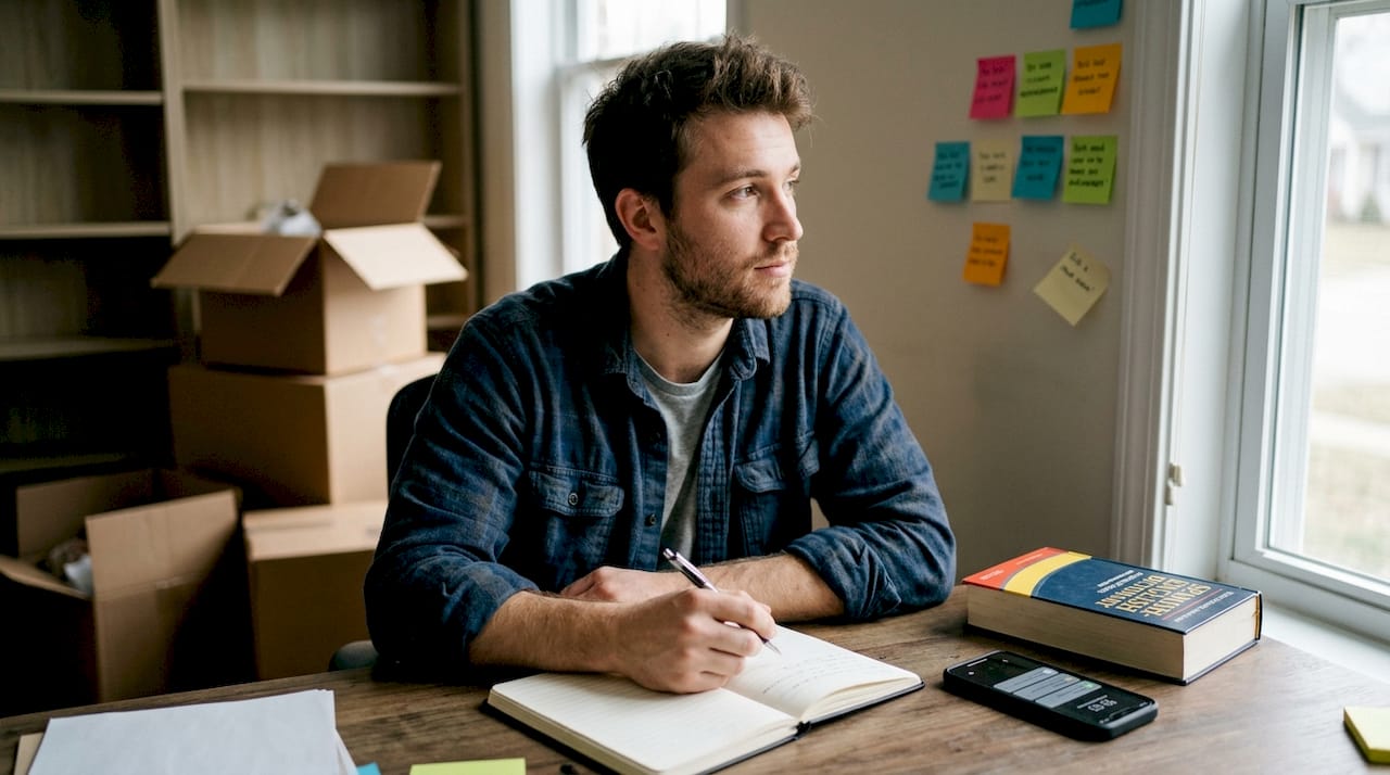 Man journaling in sunlit home office