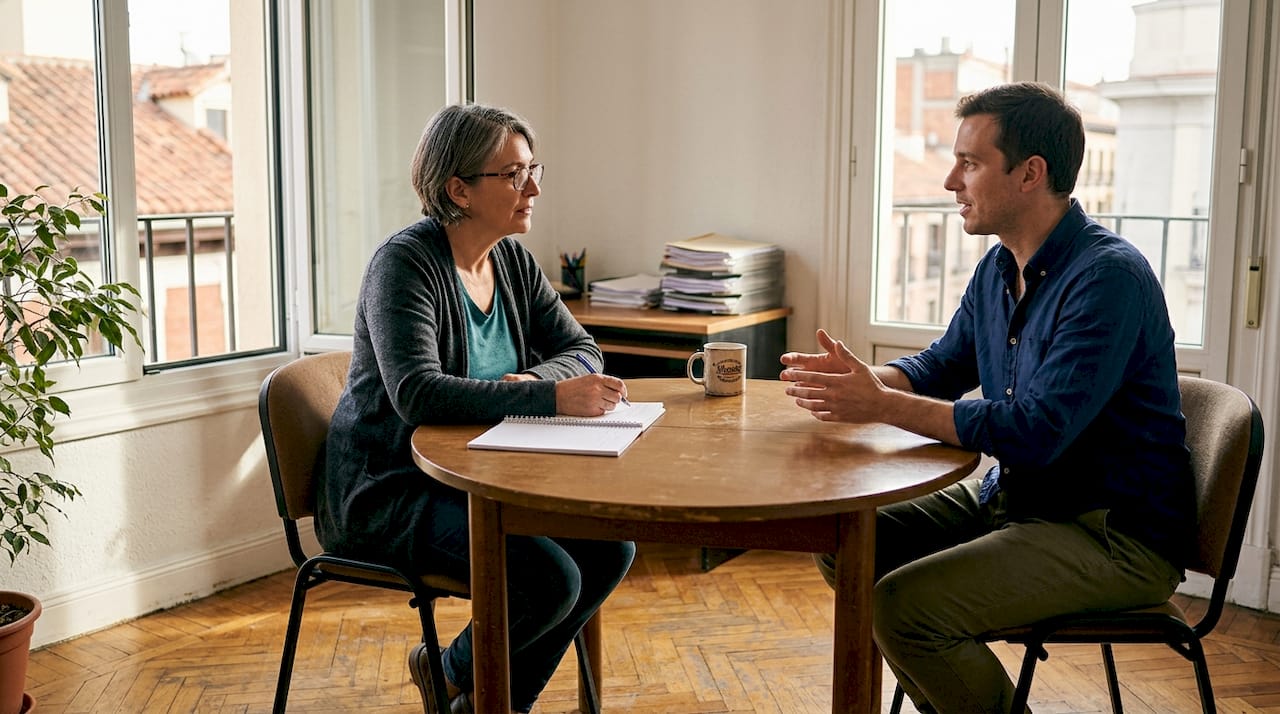 Hypnotherapist consulting expat in Madrid office