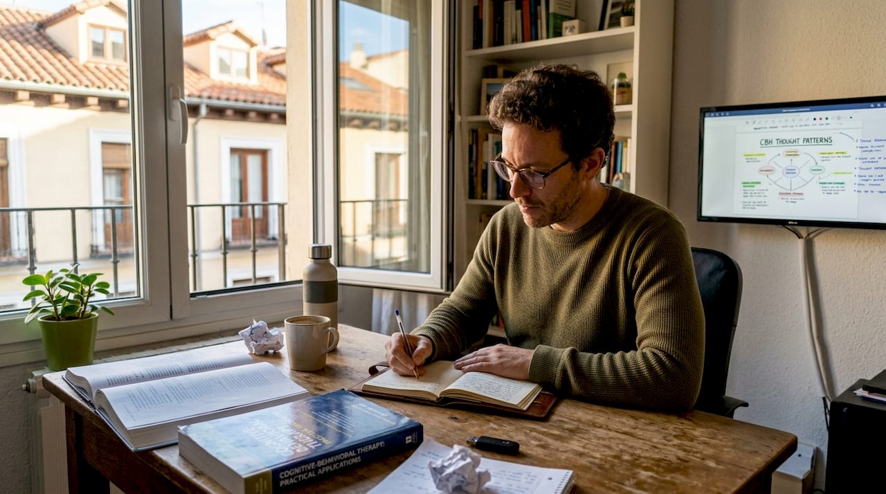 Expat reviewing cognitive-behavioral hypnotherapy notes