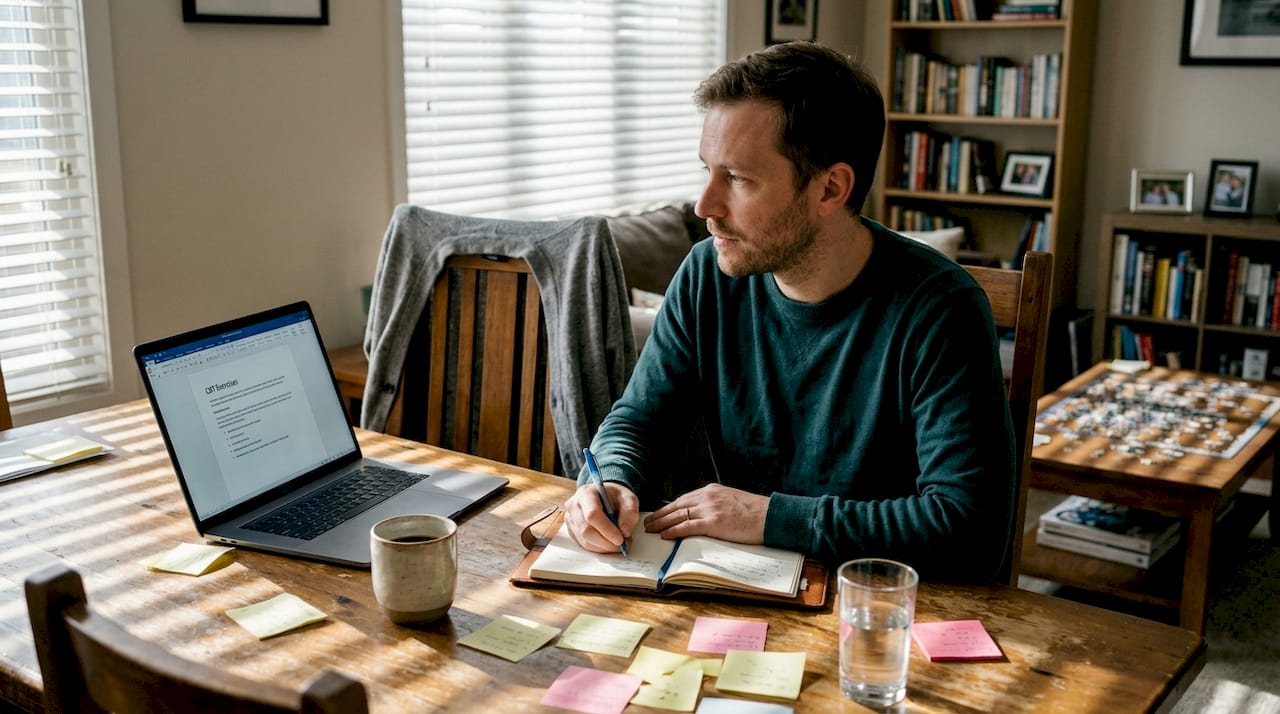 Man journaling CBT exercises at home