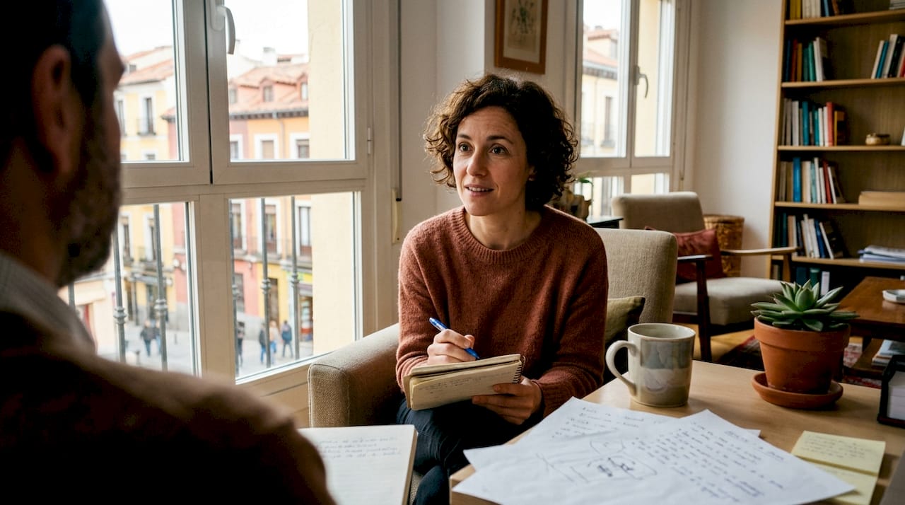 Woman during therapy consultation in cozy office