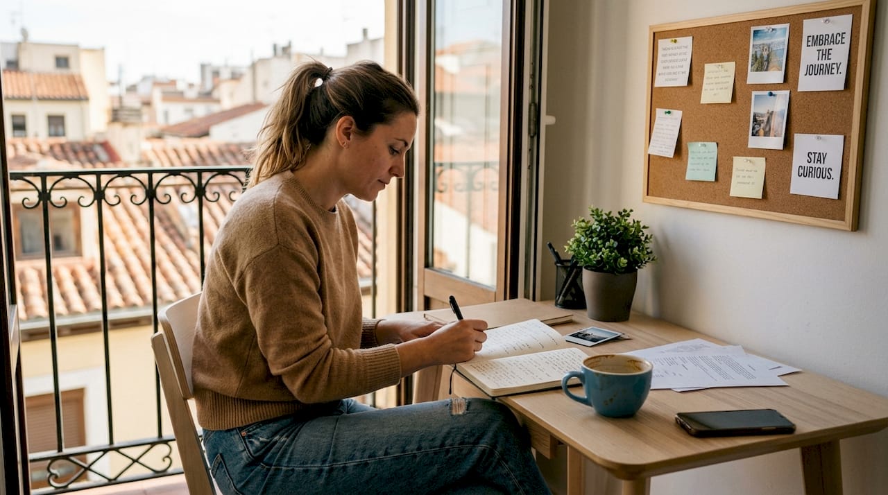 Woman journaling in Madrid home office