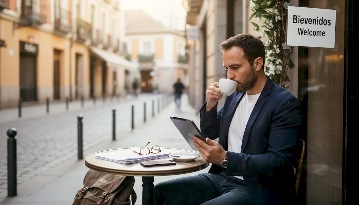 Expat professional reading at Madrid café