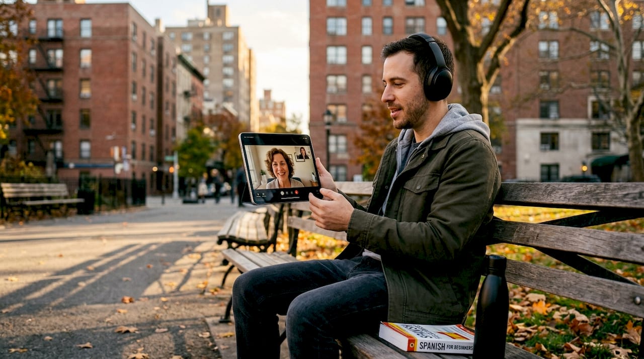 Expat video calls therapist in city park
