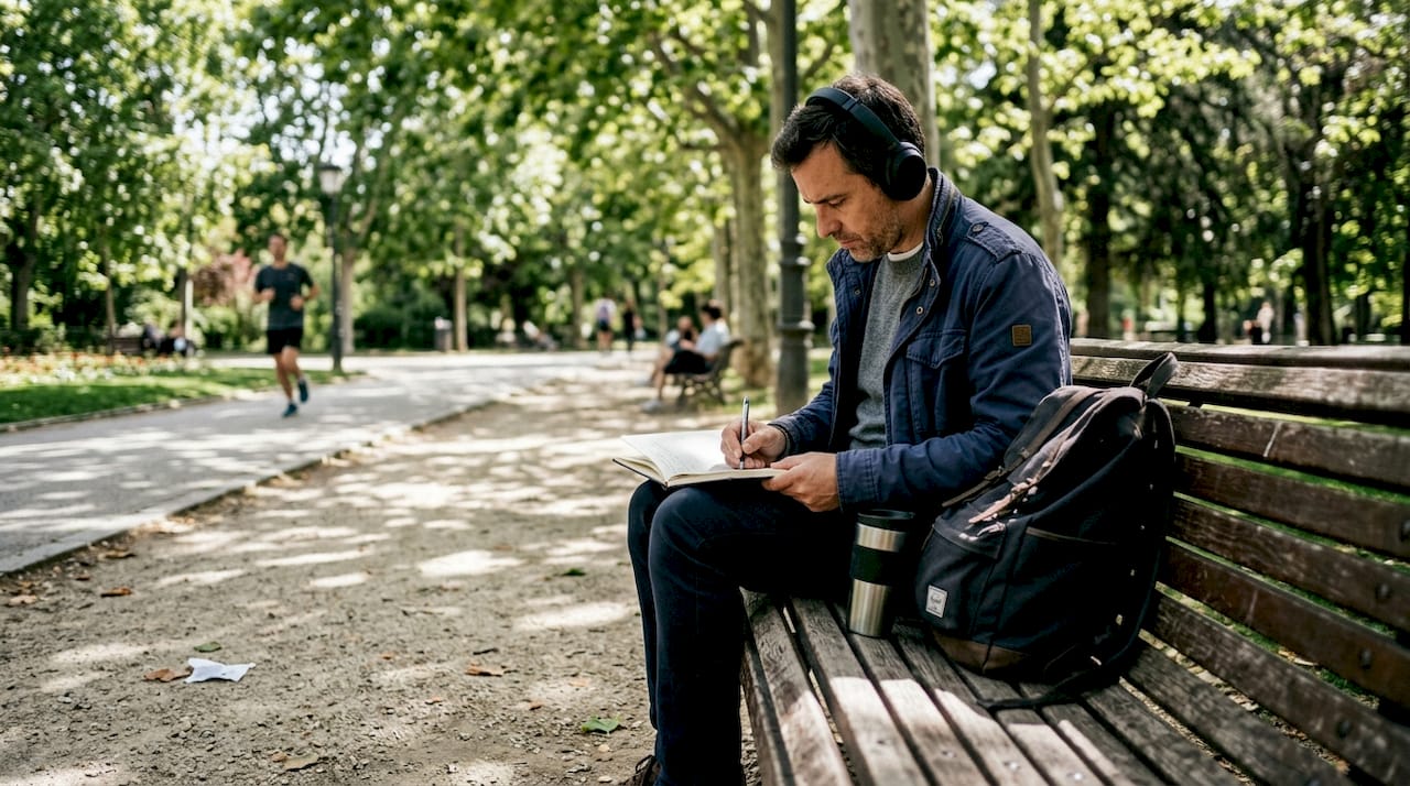 Expat journaling on Madrid park bench