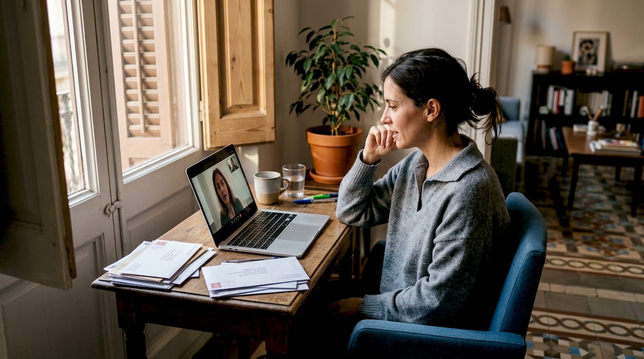 Expat video calling therapist from home office