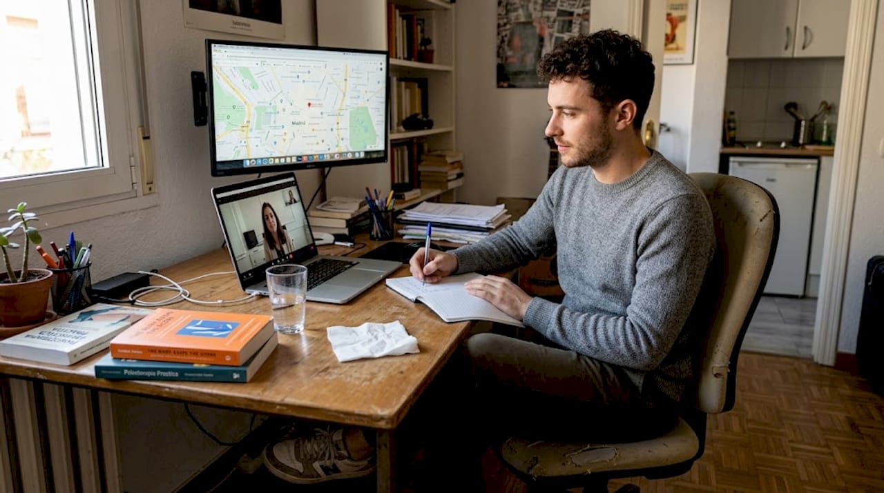 Expat integrating therapies in home workspace