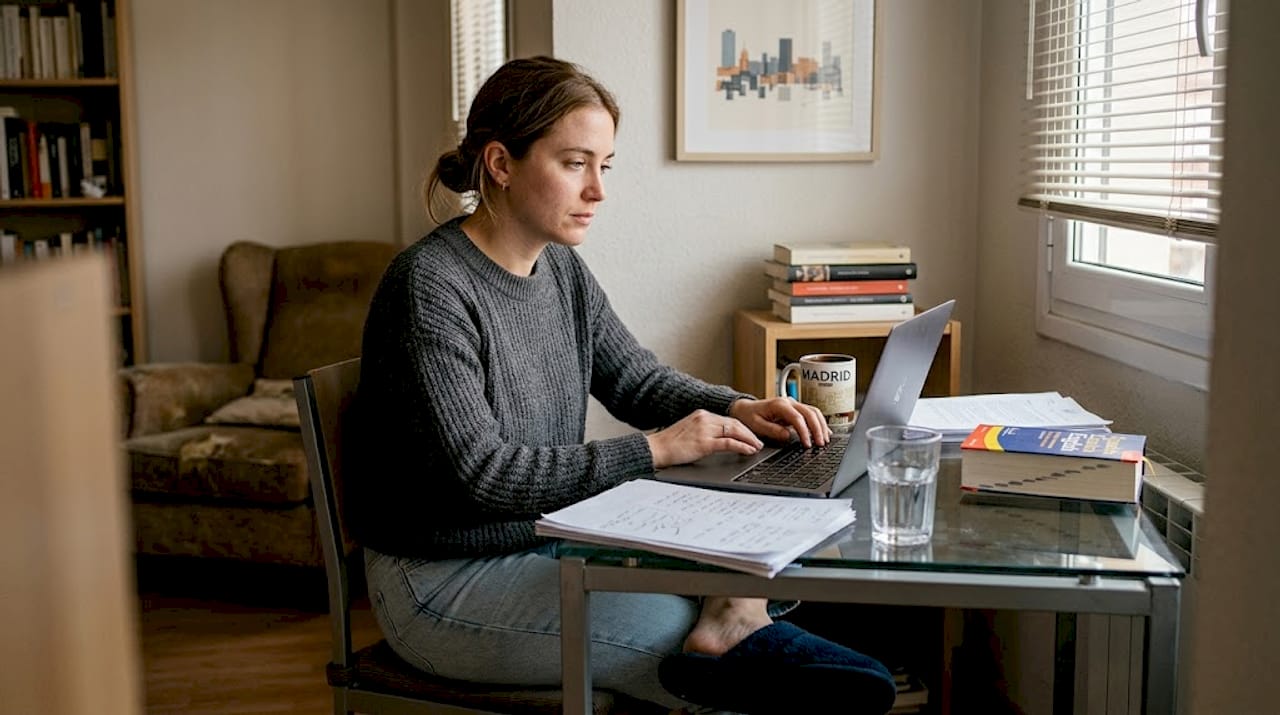 Fatigued expat at home office desk