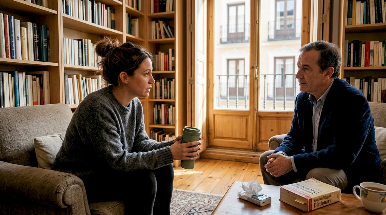 Expat woman in therapy in Madrid apartment