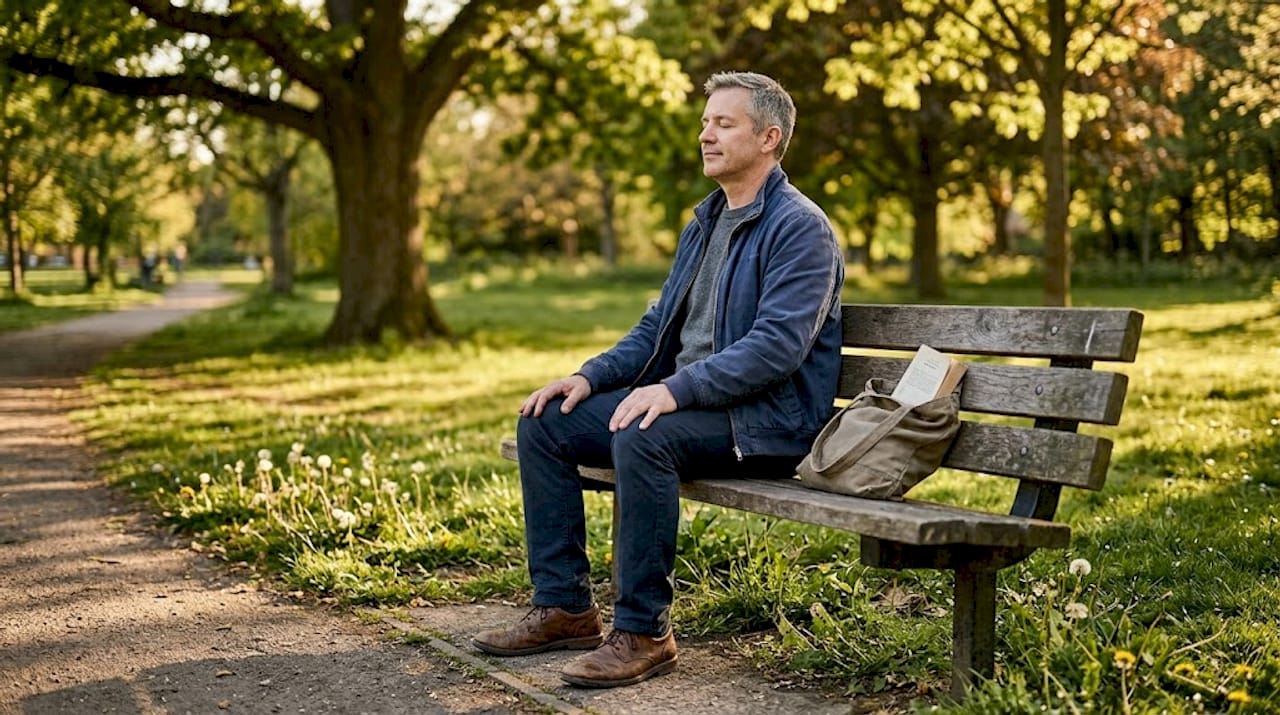 Man practicing mindfulness on park bench