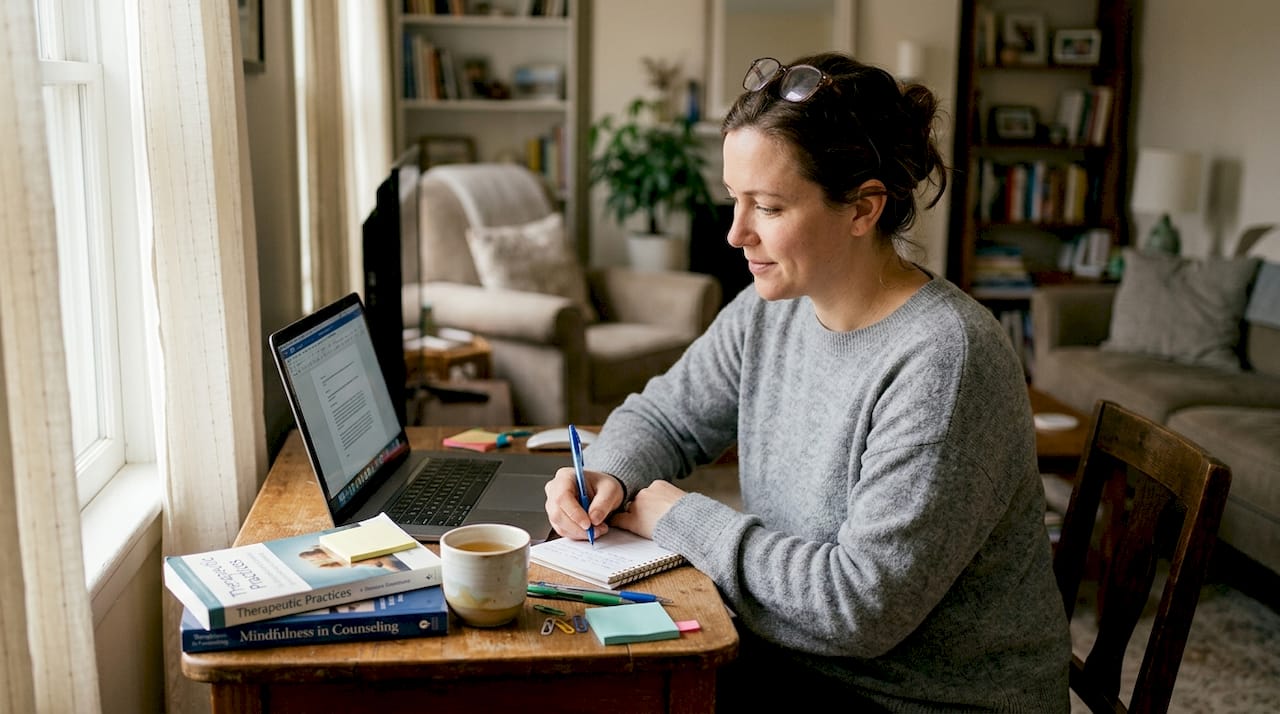 Woman journaling at home desk with therapy books