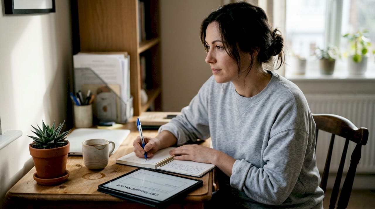 Woman journaling for CBT in home office