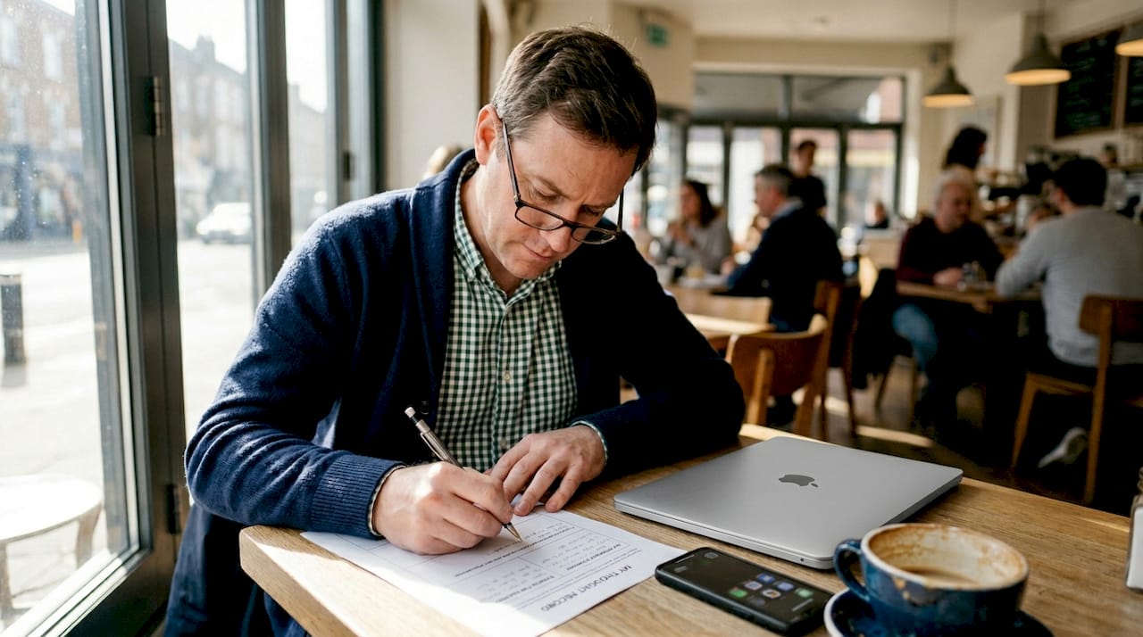 Man completing CBT worksheet in café setting