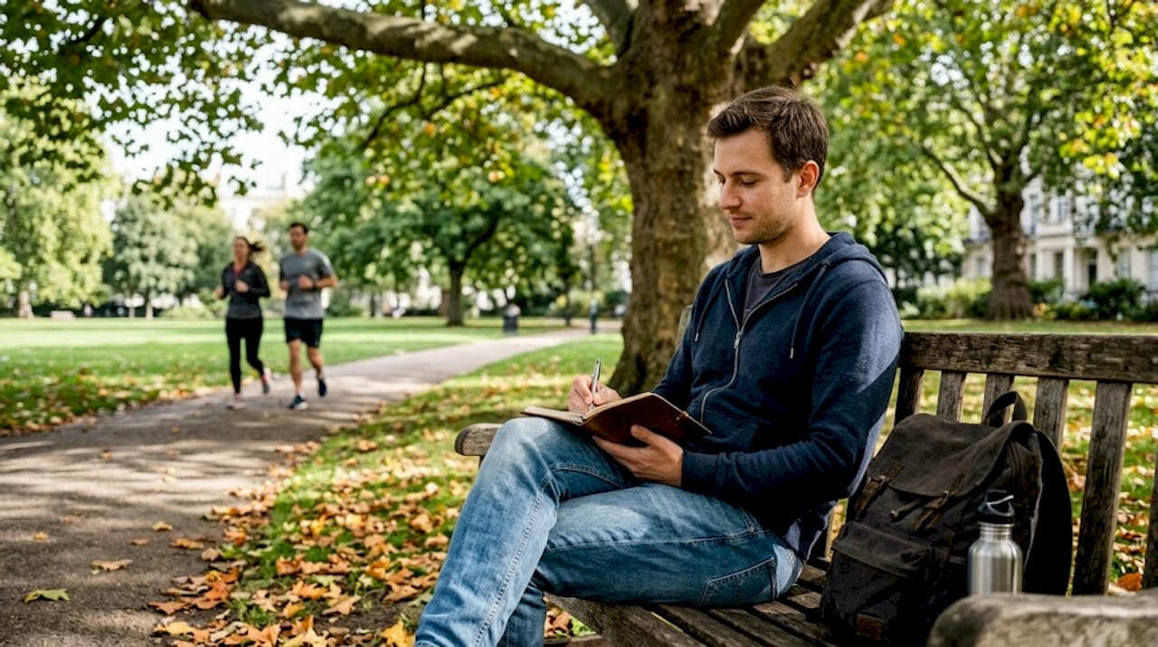 Man journaling in park as therapy practice