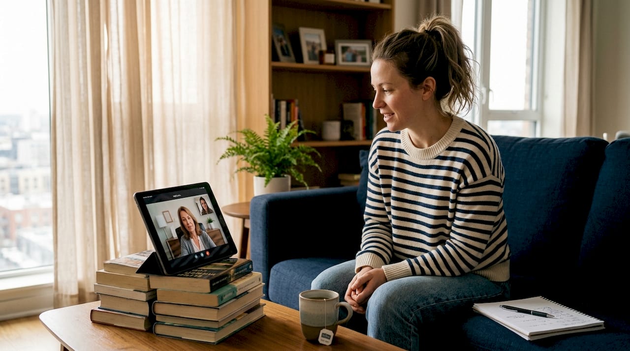 Woman video-calling therapist for holistic anxiety