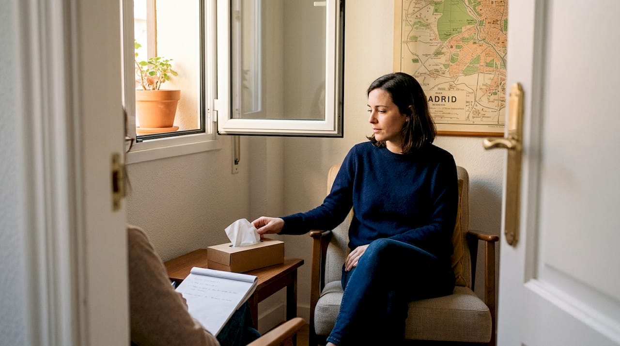 Expat discussing mental health with therapist in Madrid