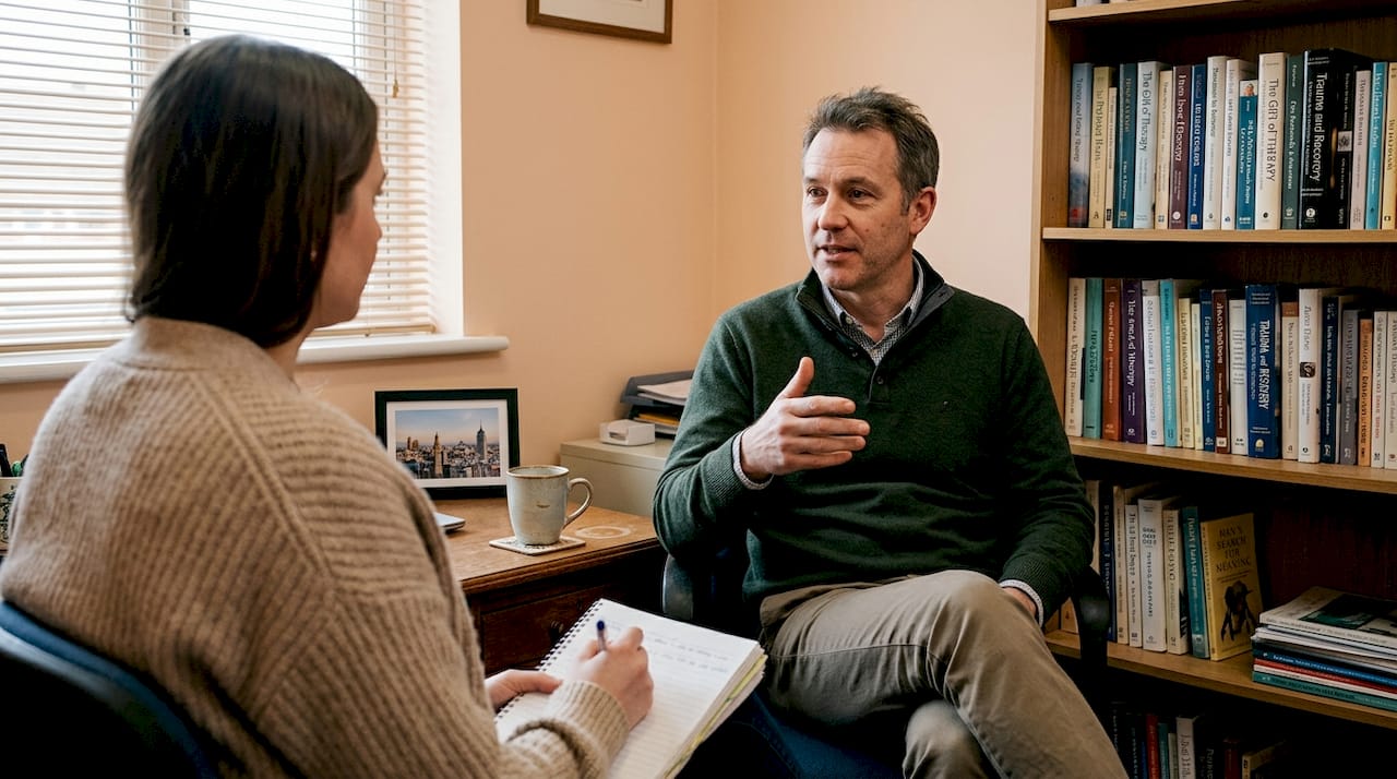 Therapist engaging expat client in Madrid office